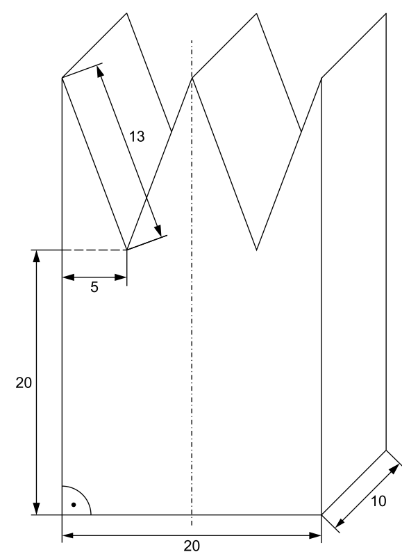 Technische Skizze mit Maßen und Zickzack-Linie eines geometrischen Körpers.
